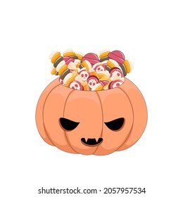 Halloween funny pumpkin and candies  Cartoon cute pumpkin basket  lollipops  treats   candy vector illustration  Pumpkin trick treat bag 
