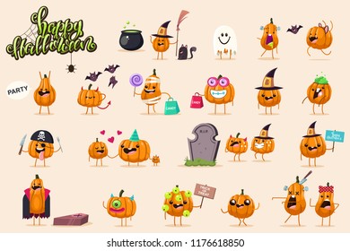 Halloween funny pumpkin character set. Vector cartoon illustration of a witch, pirate, zombie, monster, mummy, ghost and vampire isolated on background.