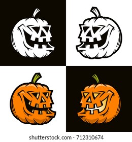 Halloween funny pumpkin in half-turn view - vector character. Color and black and white. 