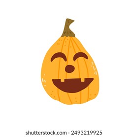 Halloween funny pumpkin isolated on white background. Textured stylized autumn ripe vegetable with spooky face. Festive carved lantern with tendrils and leaves. Vector hand drawn illustration
