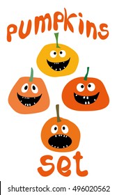 Halloween funny Pumpkin vector icons set Simple flat style design Pumpkins with Jack O`Lantern face isolated on white Halloween Pumpkin vector Pumpkin head vector illustration child cartoon pumpkin 