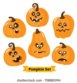 Halloween funny Pumpkin vector icons set. Simple flat style design. Halloween Pumpkin vector. Pumpkin head. Vector illustration. Child cartoon pumpkin