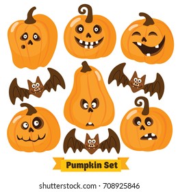 Halloween Funny Pumpkin Vector Icons Set. Simple Flat Style Design. Halloween Pumpkin Vector. Pumpkin Head. Vector Illustration. Child Cartoon Pumpkin