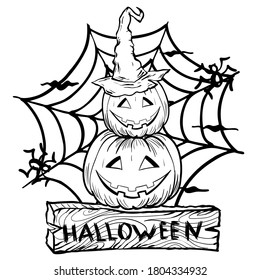 Halloween funny pumpkins in hat and web isolated on white background, hand drawn, trandy sketch style, vector illustration. Suitable for greeting cards, posters and web design.