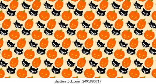 Halloween funny pumpkins seamless pattern. Flat illustration. Hand drawn funny orange pumpkin with scary smile seamless pattern. Halloween holiday element festive symbol. 