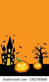 Halloween funny pumpkins, spooky castle, bats, on an orange background vector illustration for design and decoration