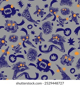 Halloween funny seamless pattern with crazy characters cute terrible monster isolated on grey background. Vector doodle illustration.