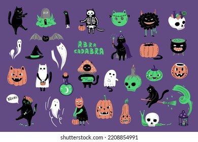 Halloween funny set with black cats, monsters, pumpkins, ghost, zombies. Cute magic character