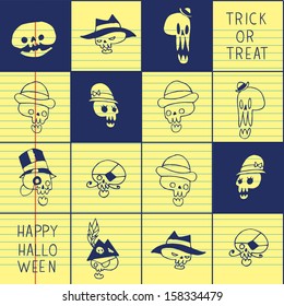Halloween funny skulls background. Vector pattern for web page backgrounds, postcards, greeting cards, invitations, pattern fills, surface textures.