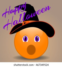 Halloween funny smiley face in a hat. Vector illustration