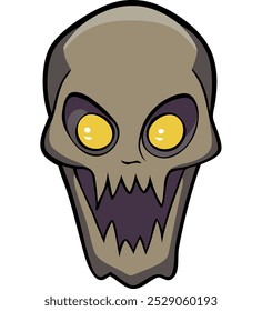 Cráneo sonriente divertido de Halloween con ojos amarillos. Vector, diseño plano