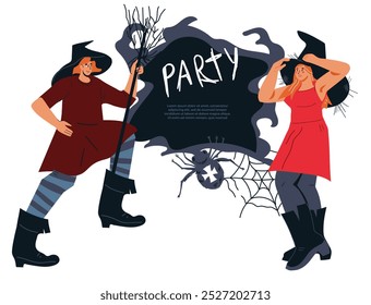 Halloween funny and spooky witch-themed banner for party invitation. Halloween celebrations banner or poster design with witchy characters, cartoon vector illustration on white background.