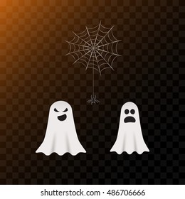 Halloween funny vector ghosts and spider on web set. Spooky scare elements for celebration, postcards. Halloween spooky scary, but cute ghosts with spider isolated on transparent background.