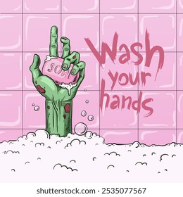 Halloween funny vector illustration. Zombie taking a bubble bath with soap bar. Hand of undead on pink tiles background. Bathroom hygiene reminder for spooky season. Wash your hands