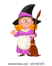 Halloween. Funny witch with broomstick. Cheerful magician cartoon character. Vector illustration