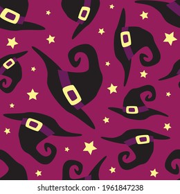 Halloween funny wizard hat and stars seamless pattern. Vector illustration.