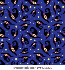 Halloween funny wizard hat and stars seamless pattern. Vector illustration.