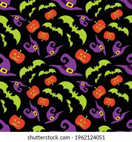 Halloween funny wizard hats, bats and pumpkins seamless pattern. Vector illustration.