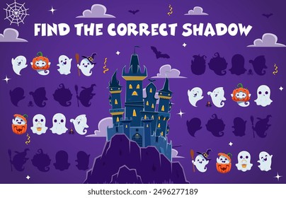 Halloween game, find the correct shadow of cute kawaii ghost characters. Shadow match kids game worksheet, silhouette find children funny vector quiz or riddle with Halloween funny ghosts personages