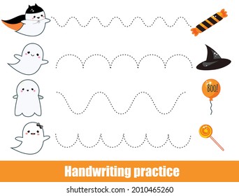 Juego de Halloween. Hoja de prácticas de escritura a mano. hoja de trabajo de educación temprana para niños y niños pequeños. Actividad infantil imprimible. Conectar fantasmas con objetos