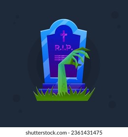 Halloween Game Icon Illustration Blue Grave  With Green Zombie Raised Hand  Colorful Spooky Scary Cartoon Card Vector Design