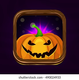 Halloween game icon.Happy pumpkin .Vector gui.Wooden frame