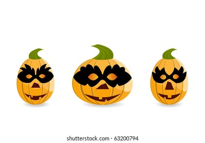 Halloween gang of pumpkins dressed in masks are isolated on white background