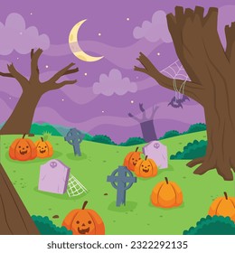 Halloween Garden Cemetery and Pumpkins Decoration Background Illustration Vector.
