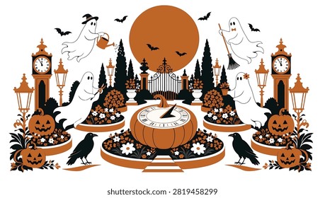 Halloween garden scene with ghosts, pumpkins, sundial, and crows, featuring a moonlit night in a spooky cemetery setting