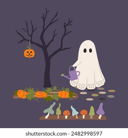 Halloween garden vector illustration. Cute ghost holding watering can, autumn vegetable patch with pumpkins and toadstool mushrooms, spooky tree with carved jack-o-lantern. Scary holiday night scene