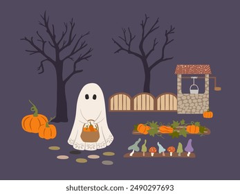 Halloween garden vector illustration. Hand drawn cute vintage ghost with basket, autumn vegetable patch with pumpkins, toadstool mushrooms, spooky tree silhouette, old well. Scary holiday night scene