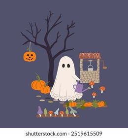 Halloween garden vector illustration. Hand drawn cute ghost with watering can, autumn vegetable patch with pumpkins, toadstool mushrooms, spooky tree silhouette, old well. Scary holiday night scene