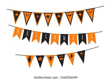 Halloween garland collection in traditional black and orange colours. Triangle buntings for celebrating halloween party. Design element. Vector illustration isolated from background.