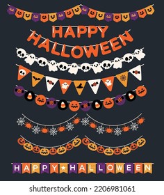 Halloween garland and decorations set in flat style isolated. Festive buntings with pumpkins, spiders and skull.