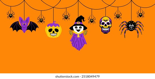 Halloween garland with doodle style characters on orange background.