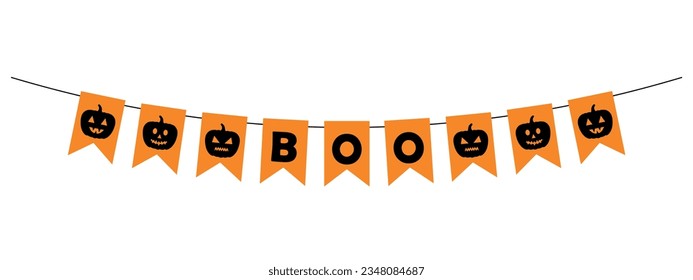 Garland de Halloween, banderas anaranjadas en una cuerda con texto en forma de boo y puntillas talladas, bundantes de vacaciones colgantes, elemento decorativo vectorial