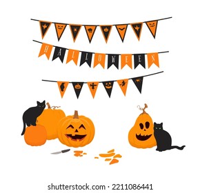 Halloween garland, for Halloween party. Happy pumpims what black cats. Vector illustration isolated on white background. Bunting for celebration.