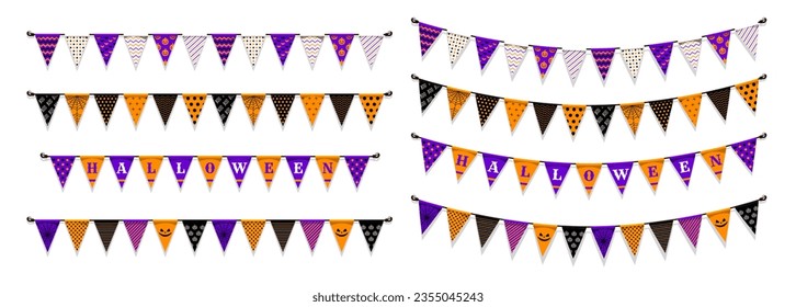 Halloween garland pennants and flags with holiday pattern, horror night vector decorations. Halloween holiday banner flags with scary pumpkin, spiderweb and bats pattern for party pennants