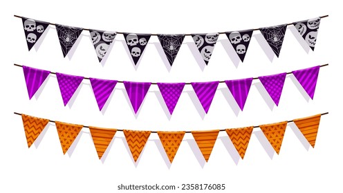 Halloween garland pennants with scary holiday ornaments. Isolated vector black, purple and orange triangular flags adorned with eerie skulls and spiderwebs, creating spooky, haunted festive atmosphere