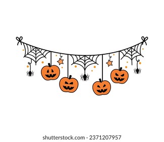 halloween garland pumpkin and spiderweb illustration isolated