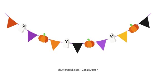 Halloween garland with triangular flags pumpkins and ghosts. Decor for Halloween celebration. Isolated graphic template. Vector illustration.