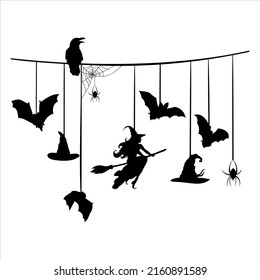 Halloween garland, witch, spider, bat and hat. Vector illustration isolated from background
