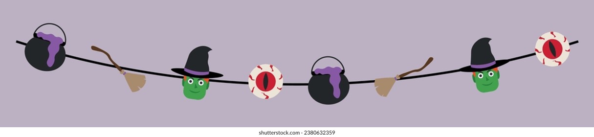 Halloween garland with witches on lilac background