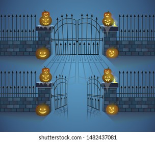 HALLOWEEN gates. Open and closed gates with pumpkins. Cartoon style vector illustration.