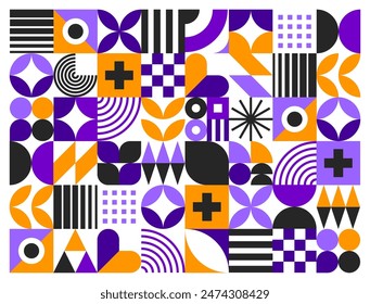 Halloween geometric abstract Bauhaus pattern for holiday, vector background. Halloween horror night and trick or treat party Bauhaus pattern with geometric spiderweb or orange mosaic grid tile