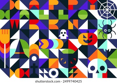 Halloween Geometric Bauhaus Background in Mosaic Block Style, Seamless Pattern for Backdrops, Greeting Cards, and Geometry-Ornamented Retro Modern Design