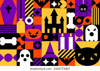 Halloween Geometric Bauhaus Background in Mosaic Block Style, Seamless Pattern for Backdrops, Greeting Cards, and Geometry-Ornamented Retro Modern Design