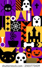 Halloween Geometric Bauhaus Background in Mosaic Block Style, Seamless Pattern for Backdrops, Greeting Cards, and Geometry-Ornamented Retro Modern Design