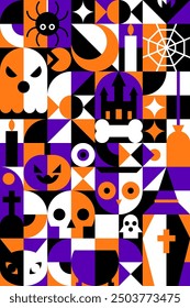 Halloween Geometric Bauhaus Background in Mosaic Block Style, Seamless Pattern for Backdrops, Greeting Cards, and Geometry-Ornamented Retro Modern Design