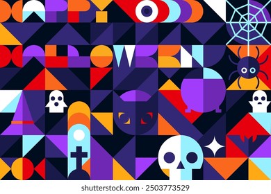 Halloween Geometric Bauhaus Background in Mosaic Block Style, Seamless Pattern for Backdrops, Greeting Cards, and Geometry-Ornamented Retro Modern Design